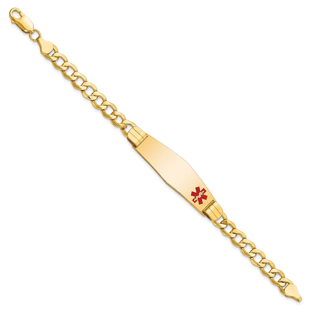 14K Medical Semi-Solid Chain/Solid Plate Soft Diamond Shape 40x Off-Center Red Enamel Curb Link ID Bracelet
