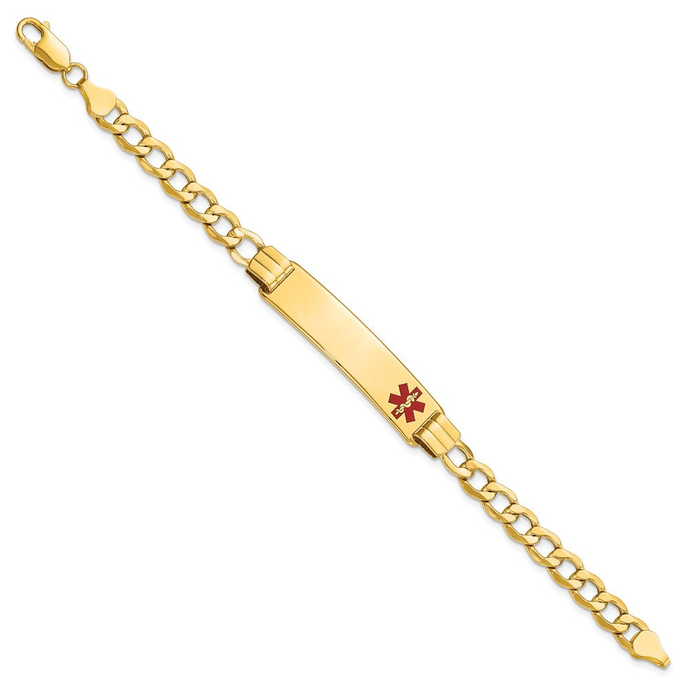 14K Medical Semi-solid Chain/Solid Plate 40x Off-Center Red Enamel Curb Link ID Bracelet