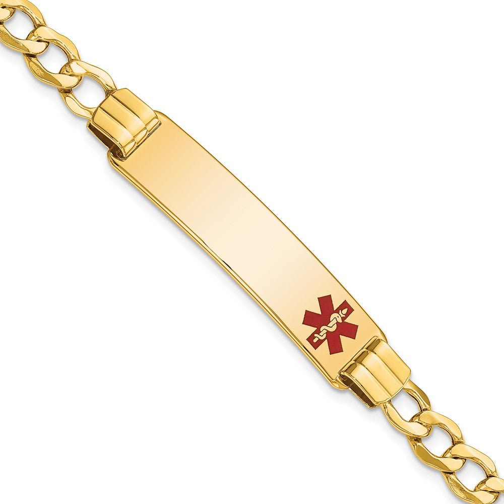 14K Medical Semi-solid Chain/Solid Plate 40x Off-Center Red Enamel Curb Link ID Bracelet