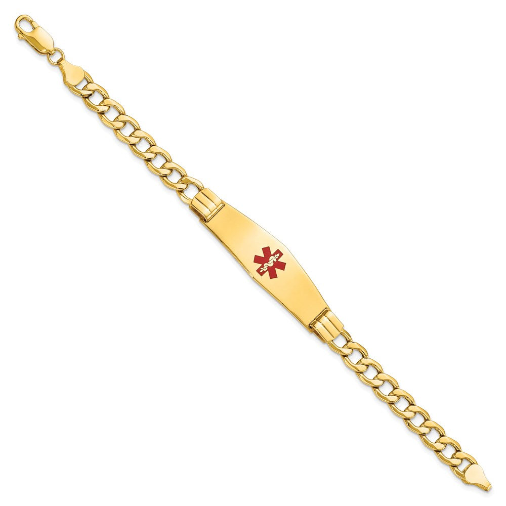 14K Medical Semi-Solid Chain/Solid Plate Soft Diamond Shape 40x Centered Red Enamel Curb Link ID Bracelet