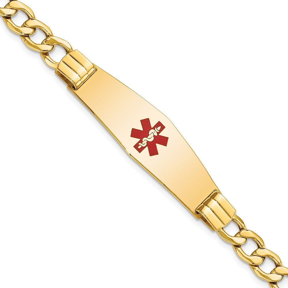 14K Medical Semi-Solid Chain/Solid Plate Soft Diamond Shape 40x Centered Red Enamel Curb Link ID Bracelet