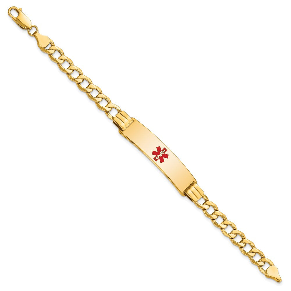 14K Medical Semi-Solid Chain/Solid Plate 40x Centered Red Enamel Curb Link ID Bracelet