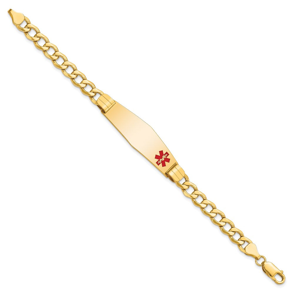 14K Medical Semi-Solid Chain/Solid Plate Soft Diamond Shape 40x Off-Center Red Enamel Curb Link ID Bracelet