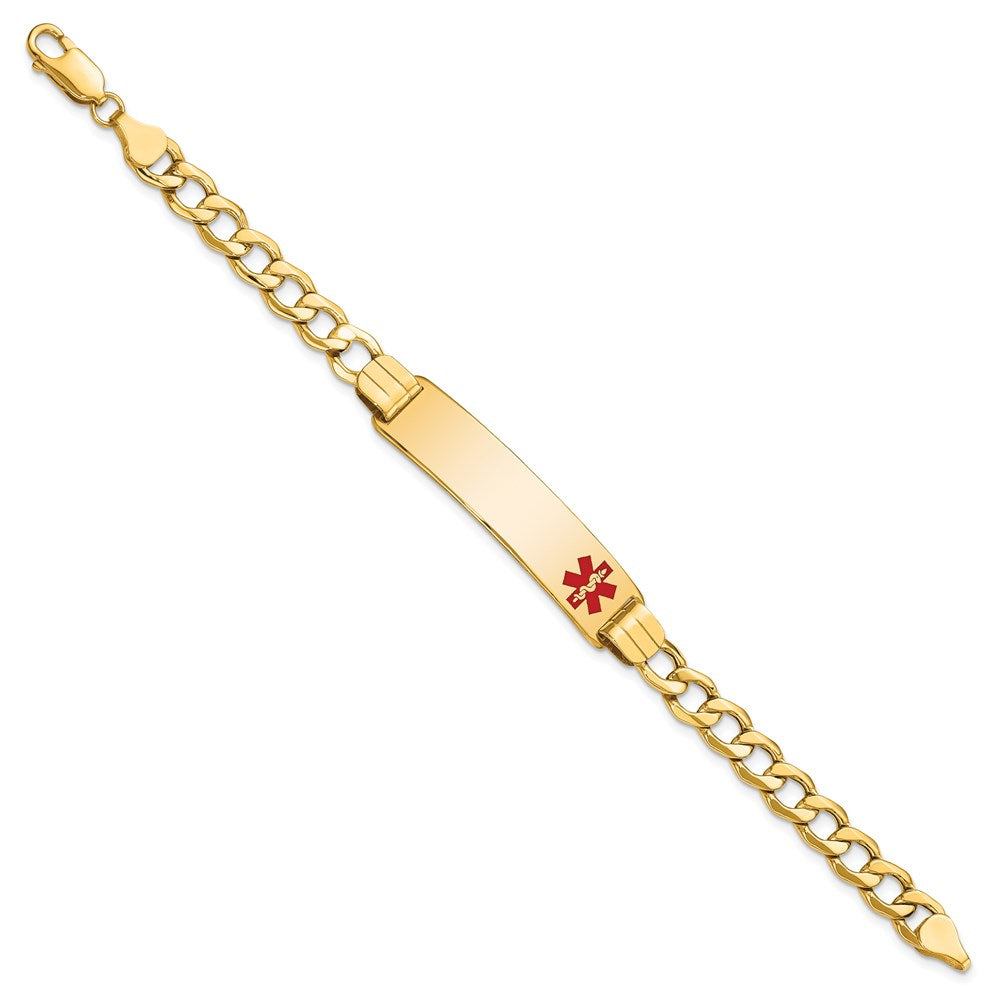 14K Medical Semi-solid Chain/Solid Plate 40x Off-Center Red Enamel Curb Link ID Bracelet