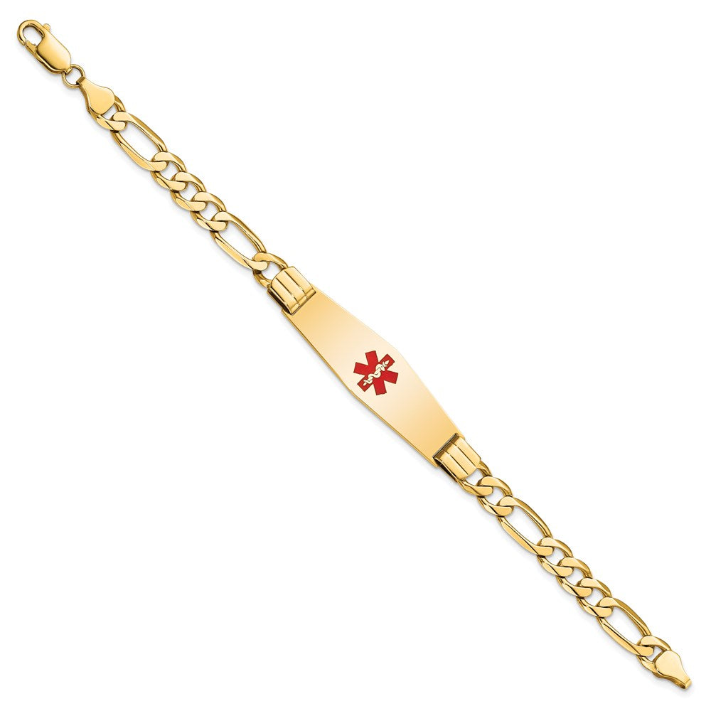 14K Medical Solid Chain/Solid Plate Soft Diamond Shape 40x Centered Red Enamel Flat Figaro Link ID Bracelet
