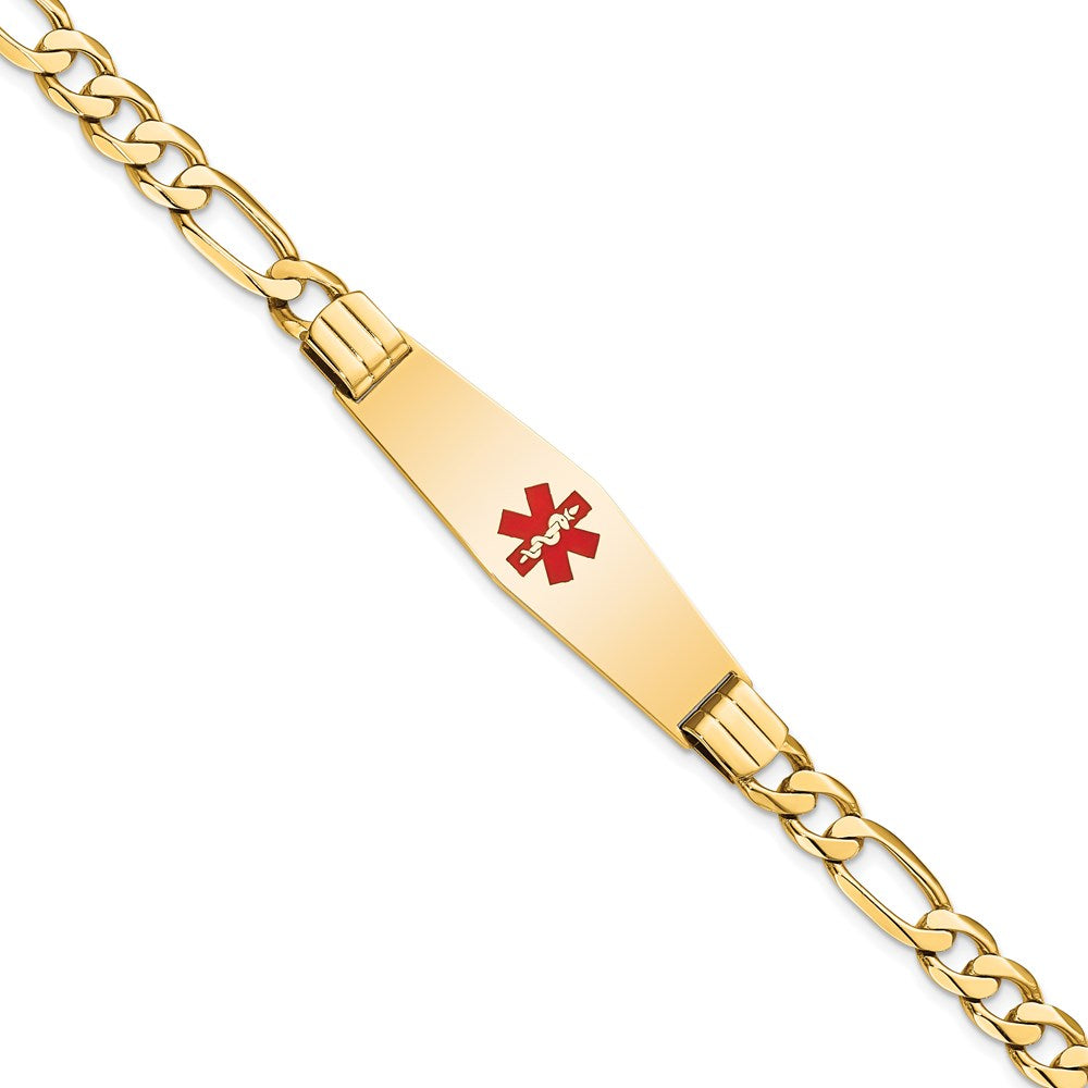 14K Medical Solid Chain/Solid Plate Soft Diamond Shape 40x Centered Red Enamel Flat Figaro Link ID Bracelet