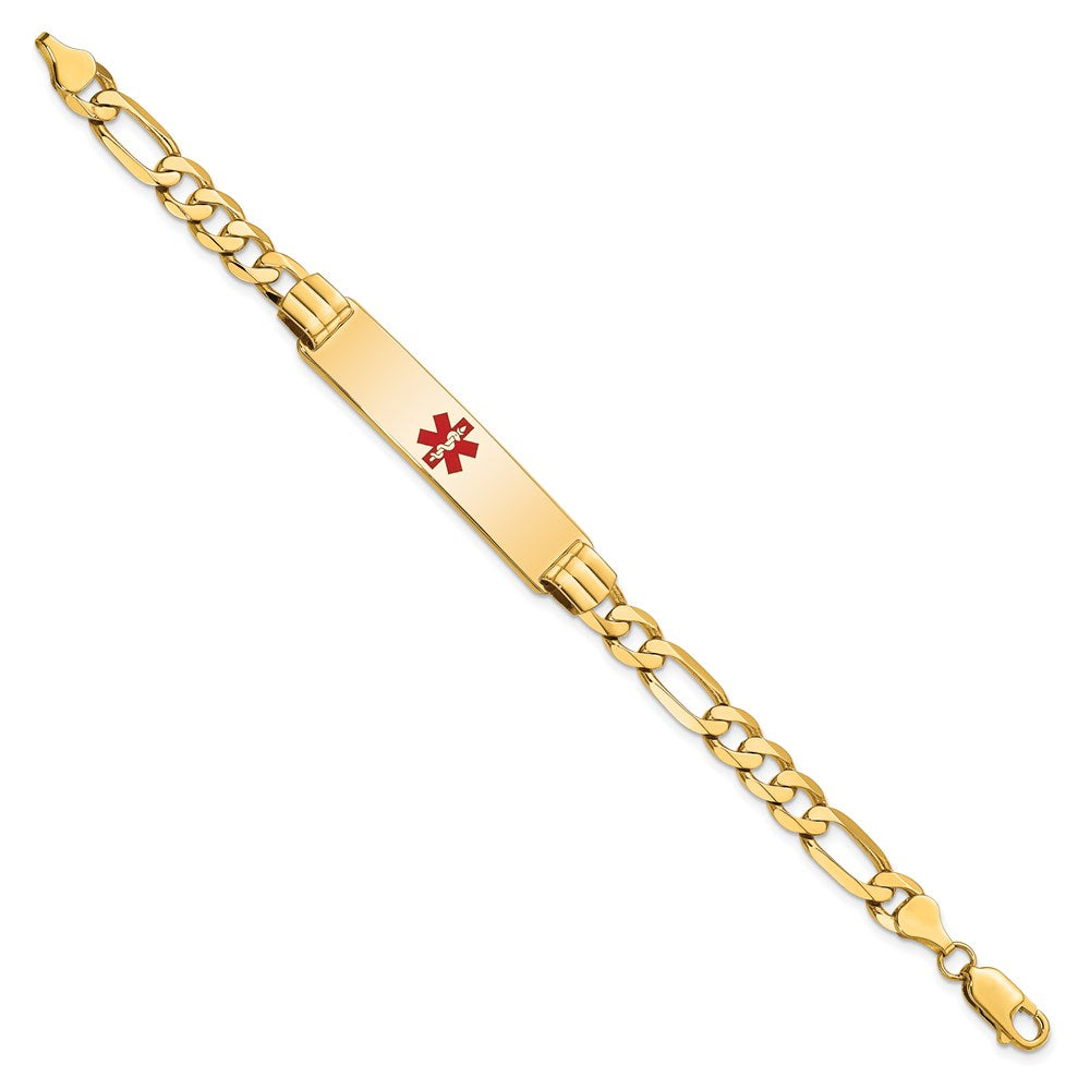 14K Medical Solid Chain/Solid Plate 40x Centered Red Enamel Flat Figaro Link ID Bracelet