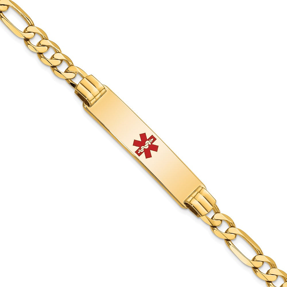 14K Medical Solid Chain/Solid Plate 40x Centered Red Enamel Flat Figaro Link ID Bracelet