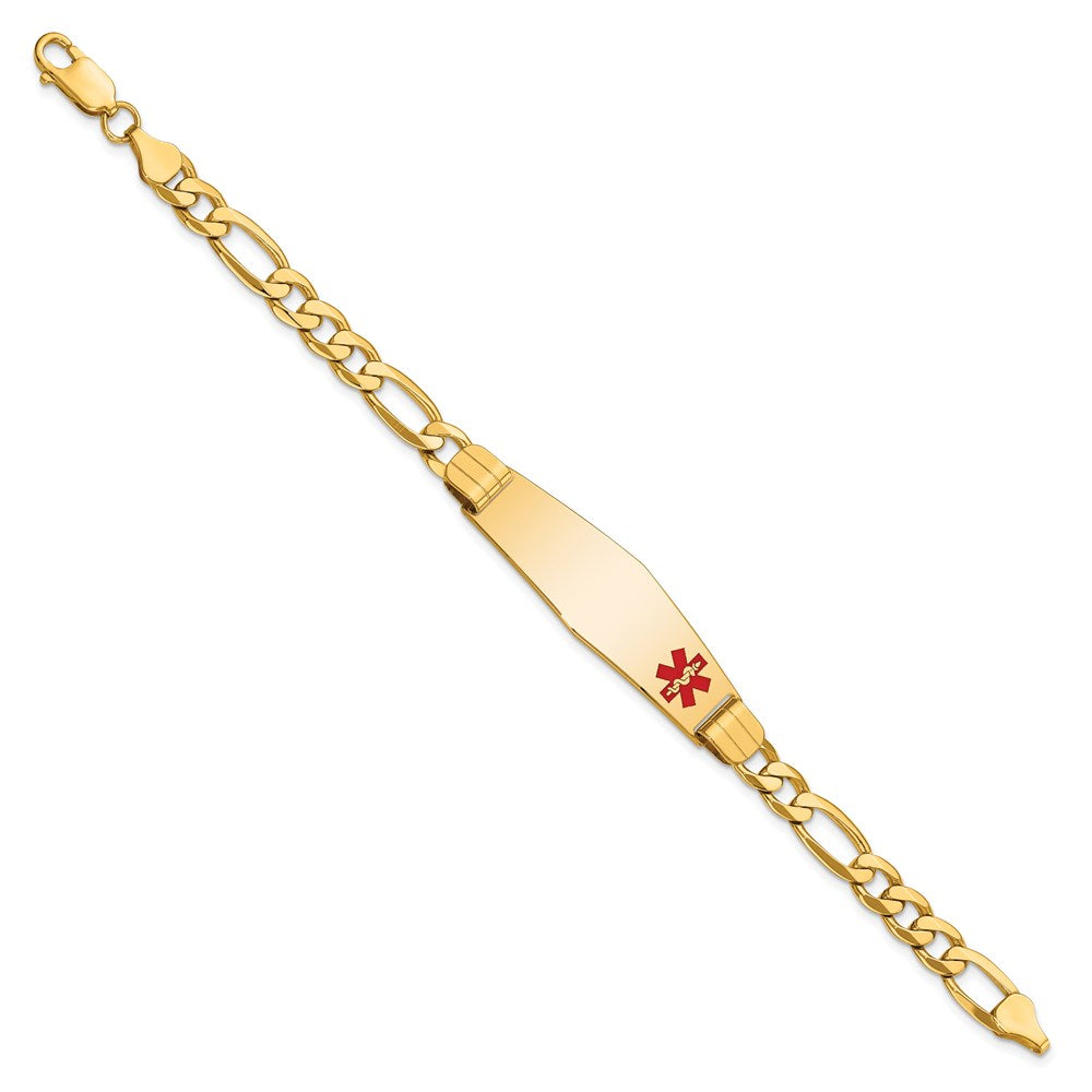 14K Medical Solid Chain/Solid Plate Soft Diamond Shape 39x Off-Center Red Enamel Flat Figaro Link ID Bracelet