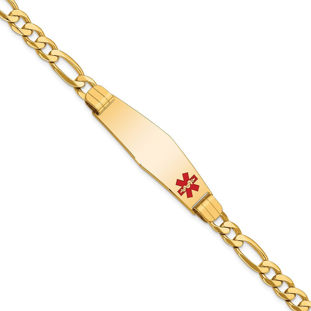 14K Medical Solid Chain/Solid Plate Soft Diamond Shape 39x Off-Center Red Enamel Flat Figaro Link ID Bracelet