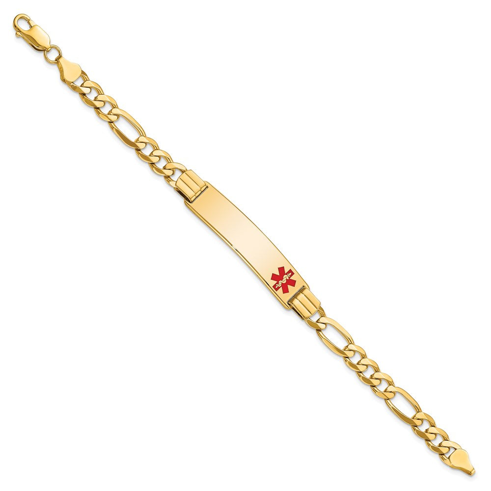 14K Medical Solid Chain/Solid Plate 40x Off-Center Red Enamel Flat Figaro Link ID Bracelet