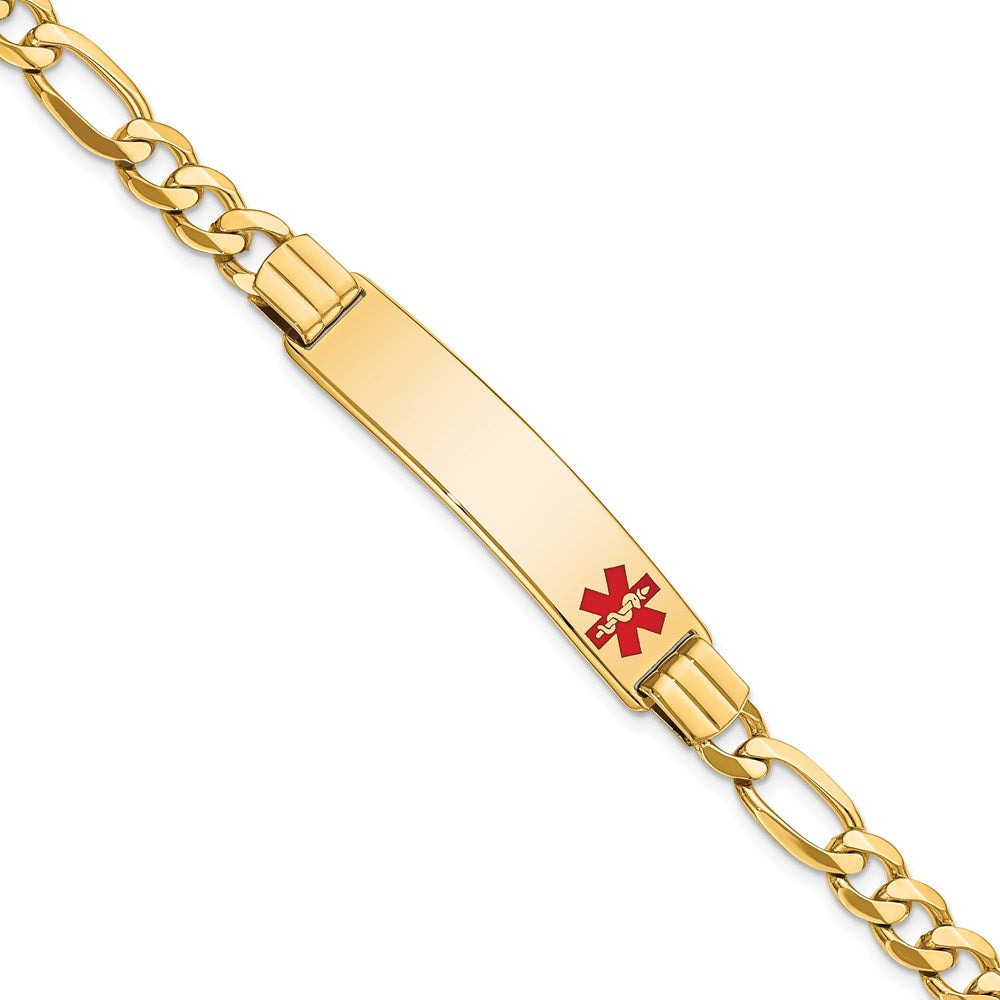 14K Medical Solid Chain/Solid Plate 40x Off-Center Red Enamel Flat Figaro Link ID Bracelet