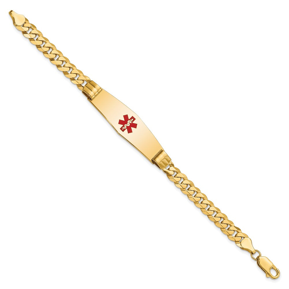 14K Medical Solid Chain/Solid Plate Soft Diamond Shape 40x Centered Red Enamel Curb Link ID Bracelet