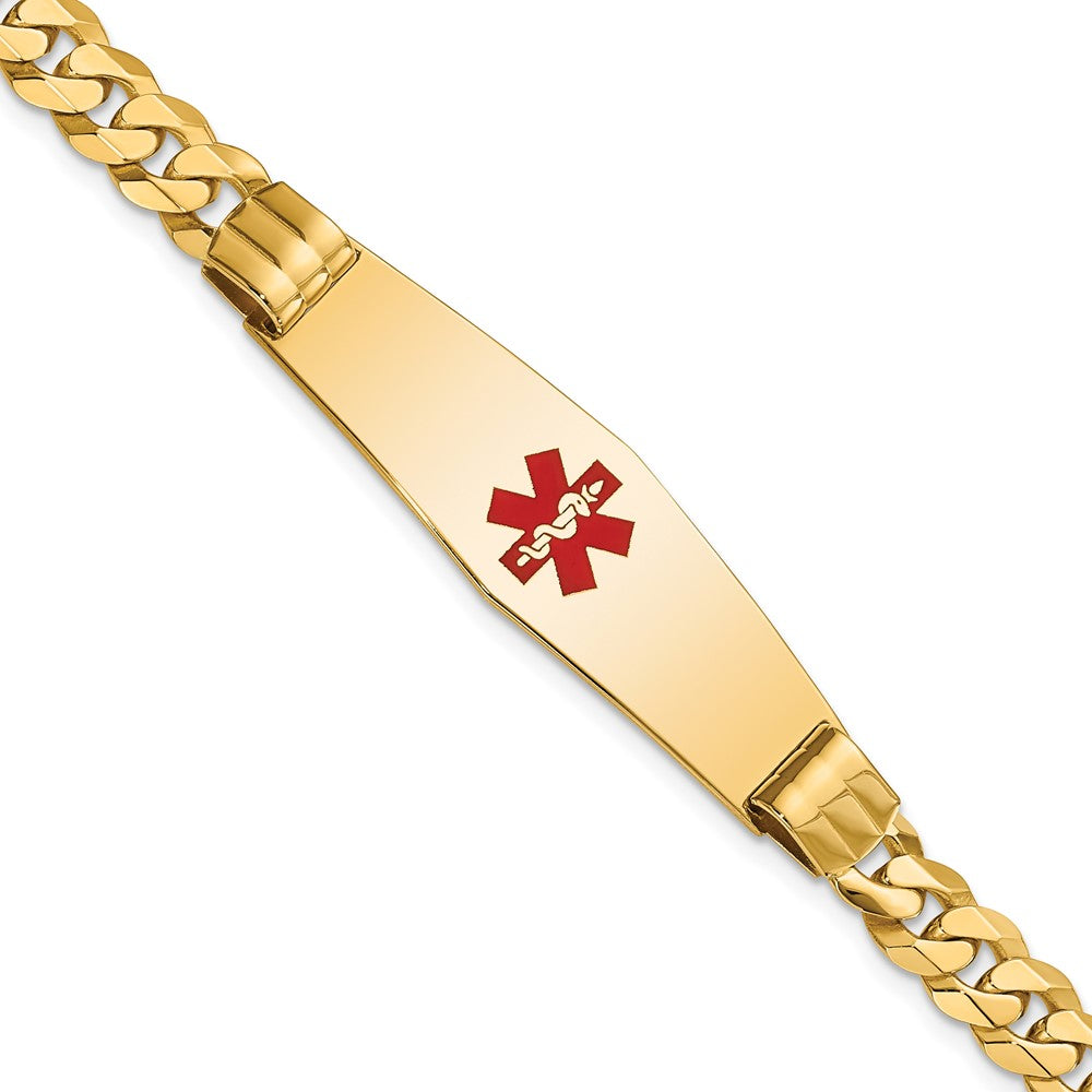 14K Medical Solid Chain/Solid Plate Soft Diamond Shape 40x Centered Red Enamel Curb Link ID Bracelet