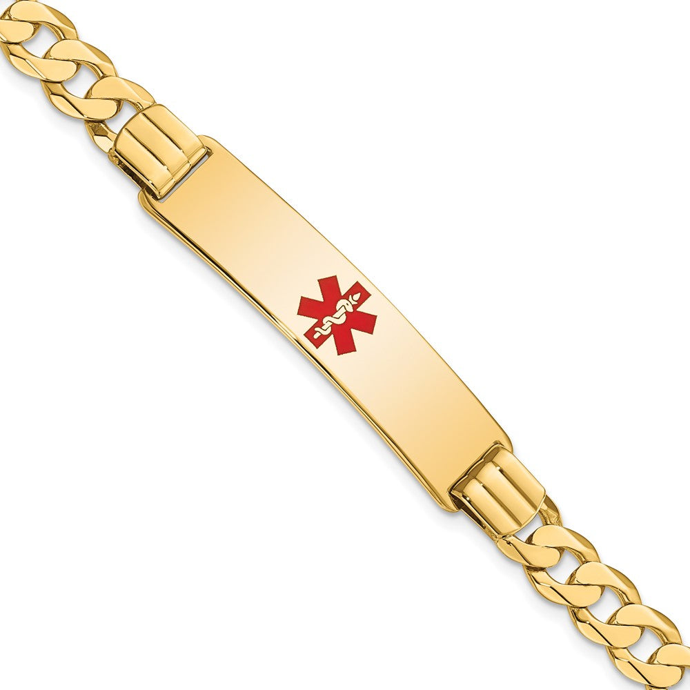 14K Medical Solid Chain/Solid Plate 40x Centered Red Enamel Curb Link ID Bracelet