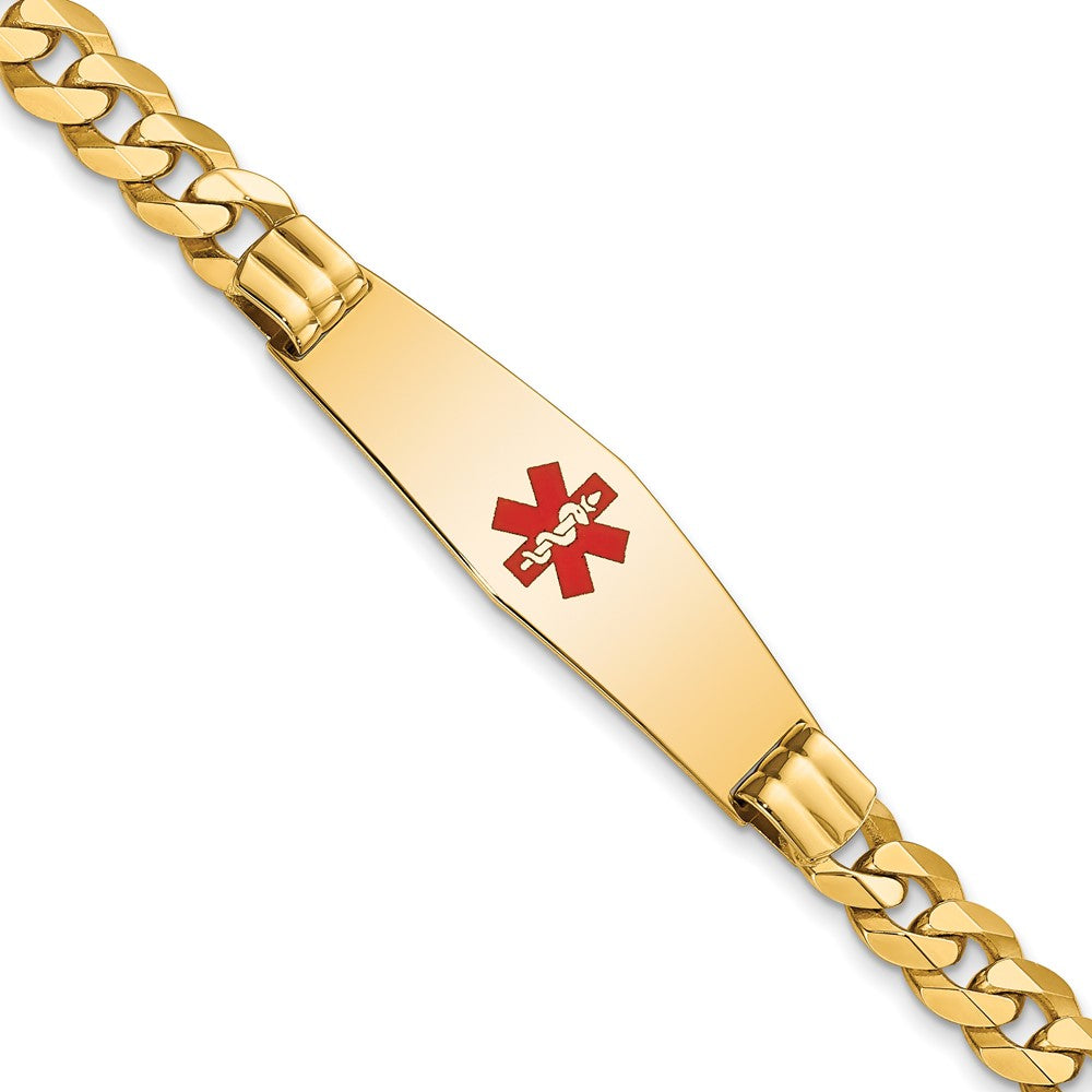14K Medical Solid Chain/Solid Plate Soft Diamond Shape 40x Centered Red Enamel Flat Curb Link ID Bracelet