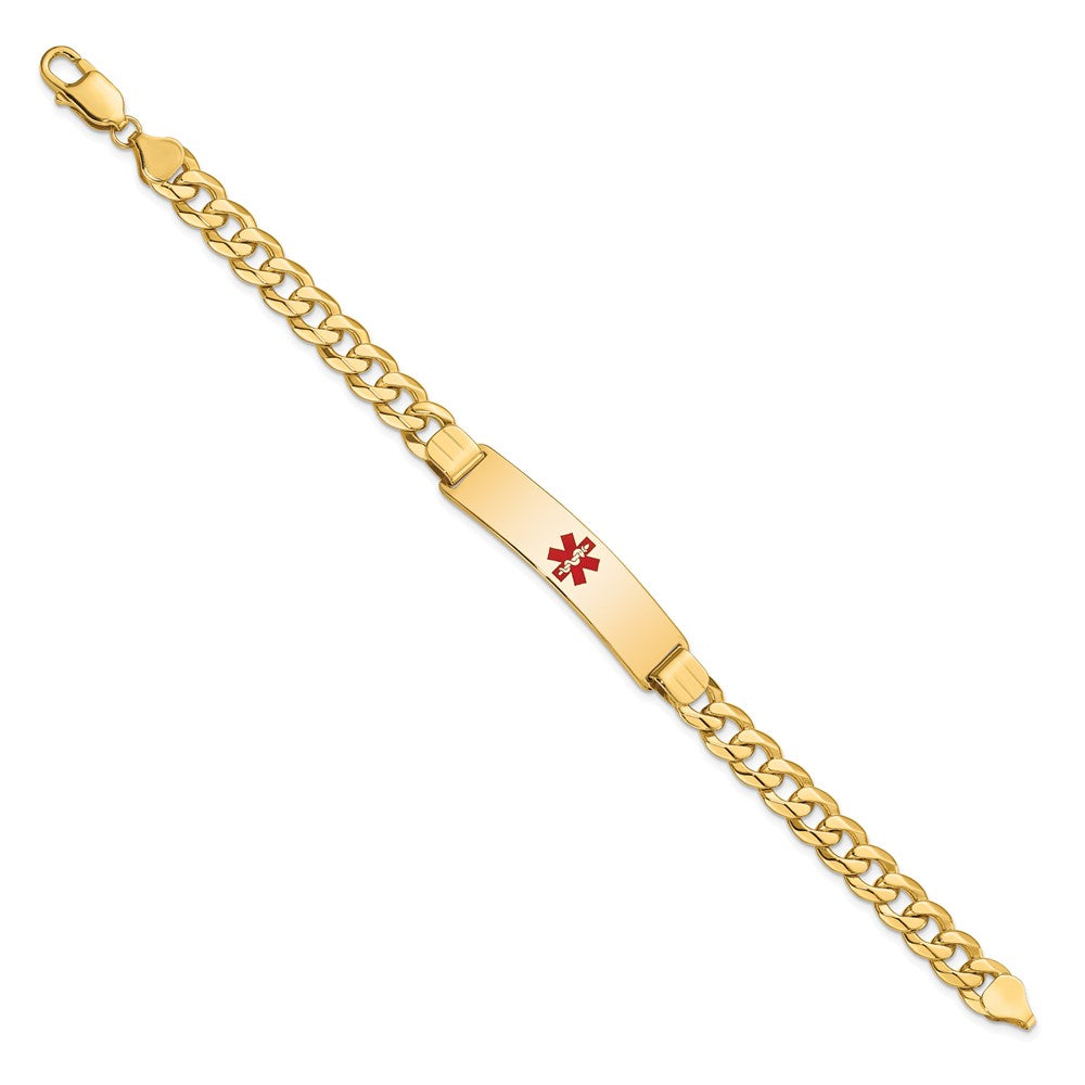 14K Medical Solid Chain/Solid Plate 40x Centered Red Enamel Flat Curb Link ID Bracelet