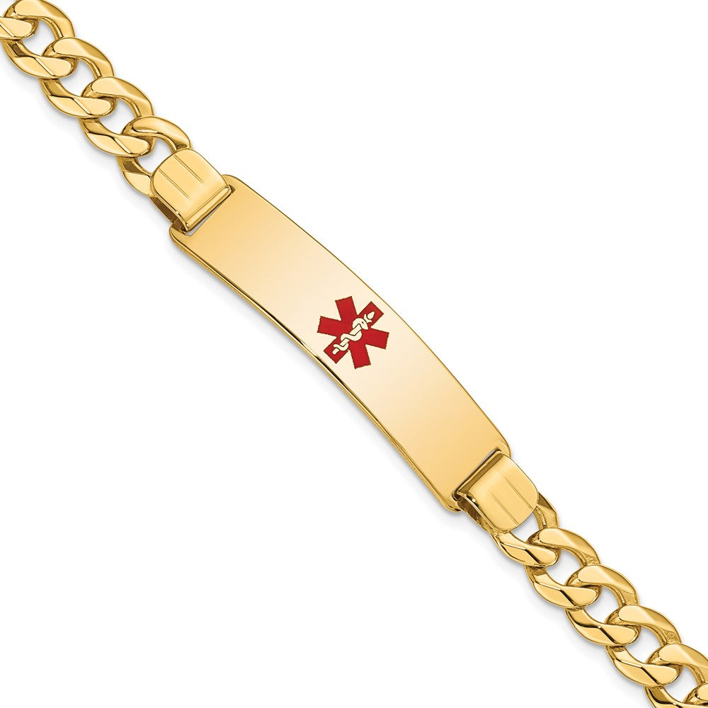 14K Medical Solid Chain/Solid Plate 40x Centered Red Enamel Flat Curb Link ID Bracelet