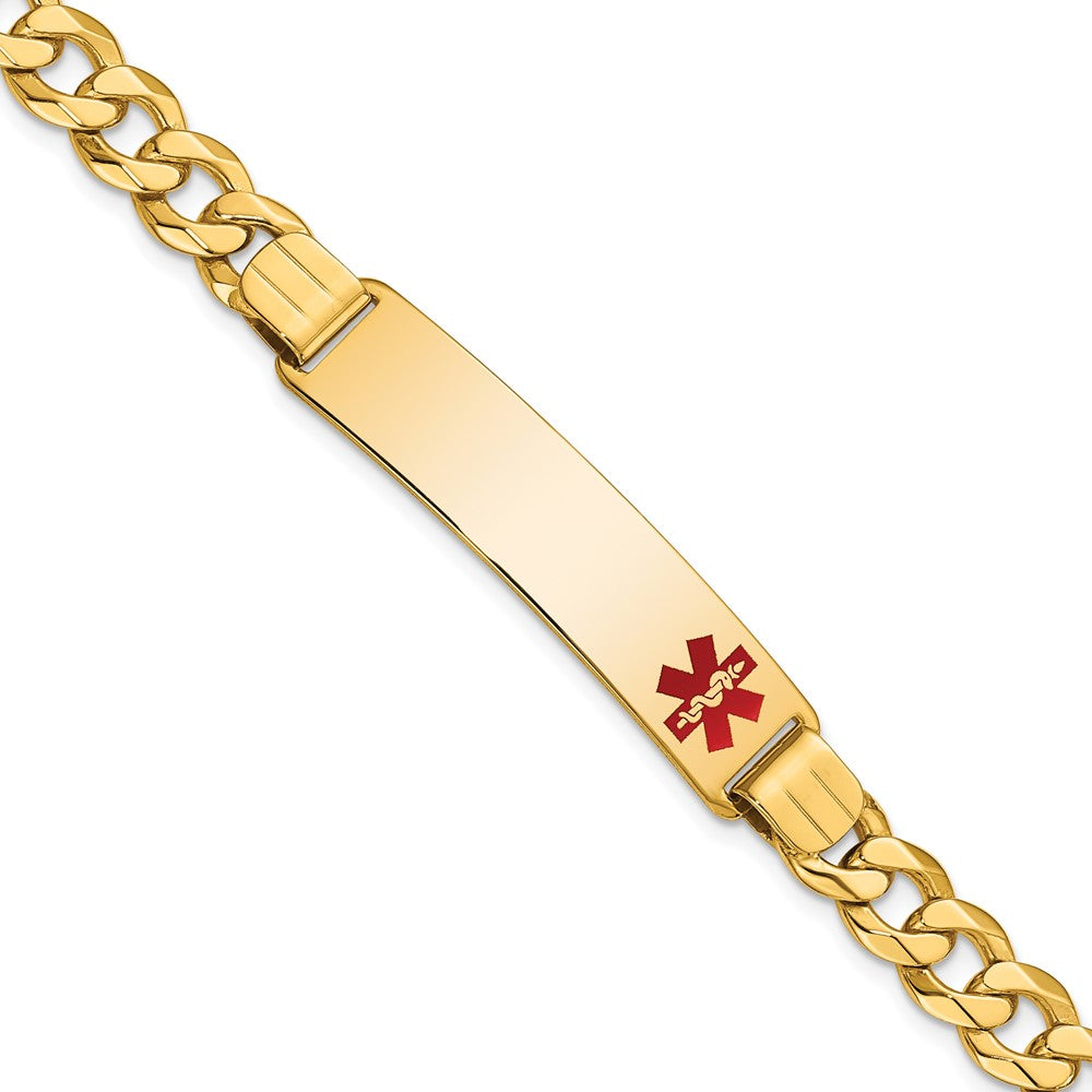 14K Medical Solid Chain/Solid Plate 40x Off-Center Red Enamel Flat Curb Link ID Bracelet