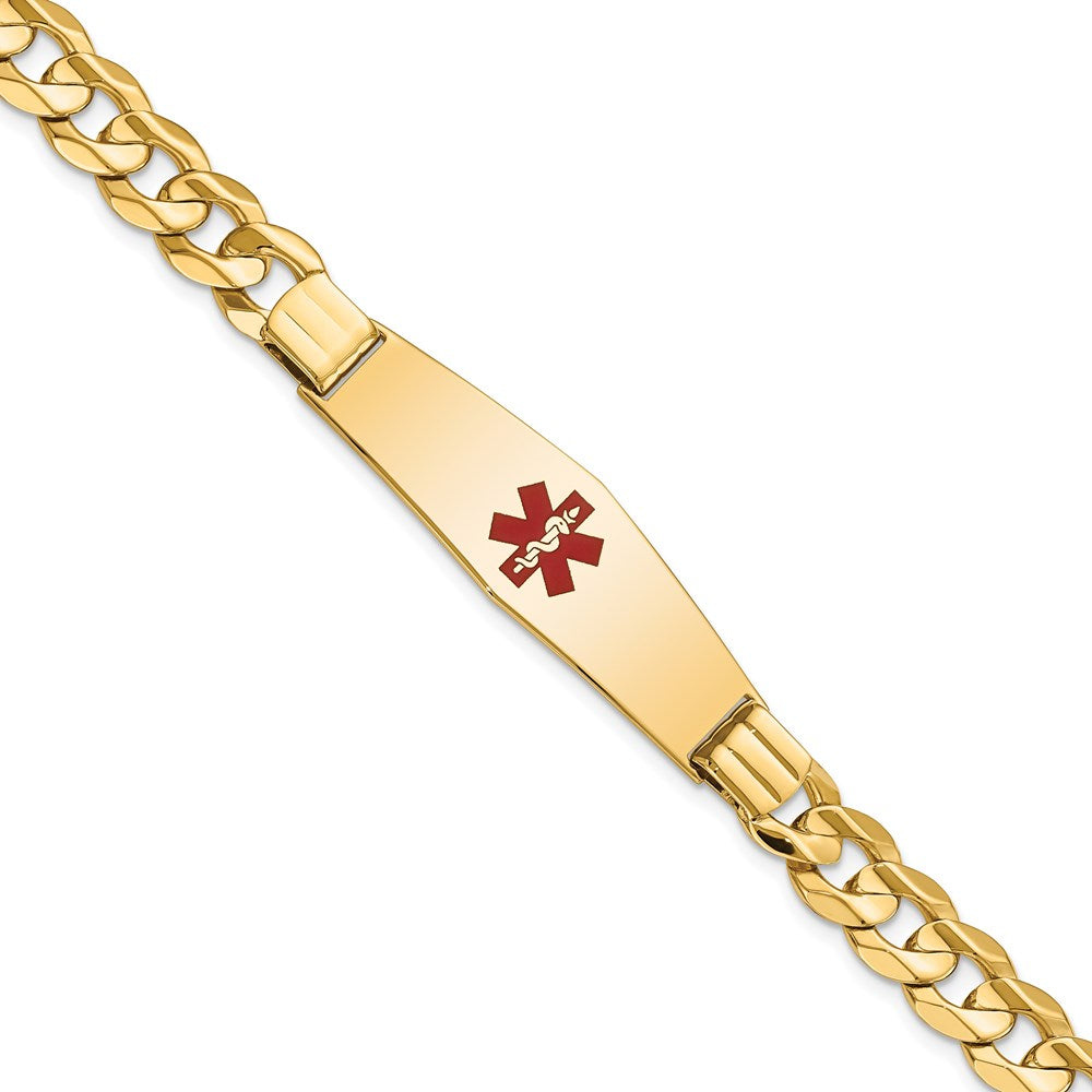 14K Medical Solid Chain/Solid Plate Soft Diamond Shape 40x Centered Red Enamel Curb Link ID Bracelet
