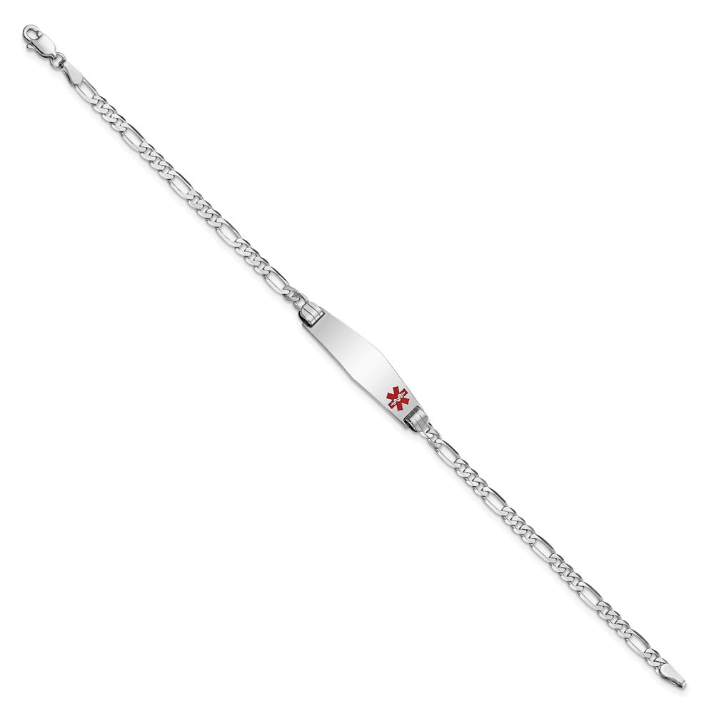 14K White Gold Medical Solid Chain/Solid Plate 26x Soft Diamond Shape Off-Center Red Enamel Figaro Link ID Bracelet