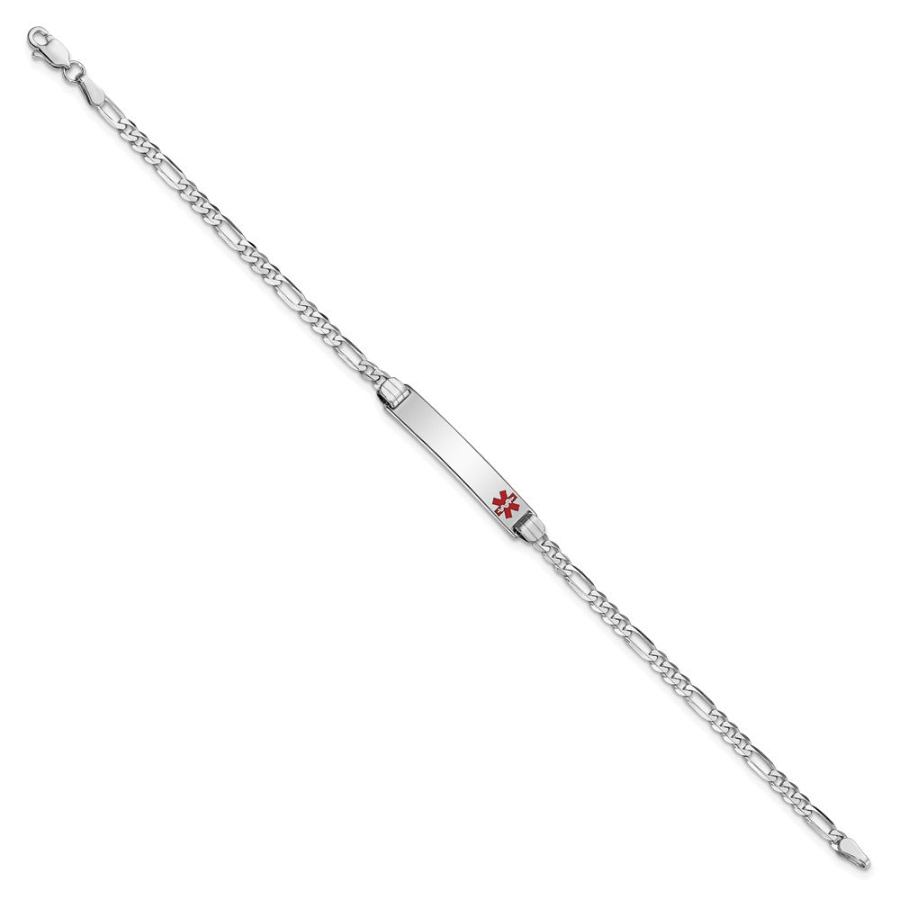 14K White Gold Medical Solid Chain/Solid Plate 26x Off-Center Red Enamel Figaro Link ID Bracelet