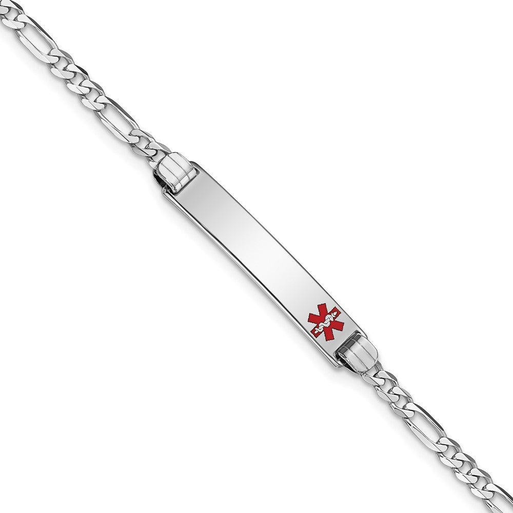 14K White Gold Medical Solid Chain/Solid Plate 26x Off-Center Red Enamel Figaro Link ID Bracelet