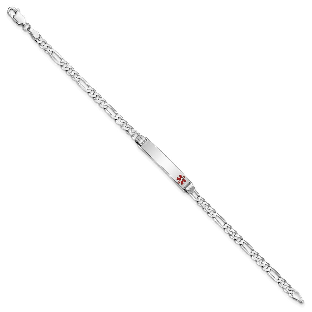 14K White Gold Medical Solid Chain/Solid Plate 26x Off-Center Red Enamel Figaro Link ID Bracelet