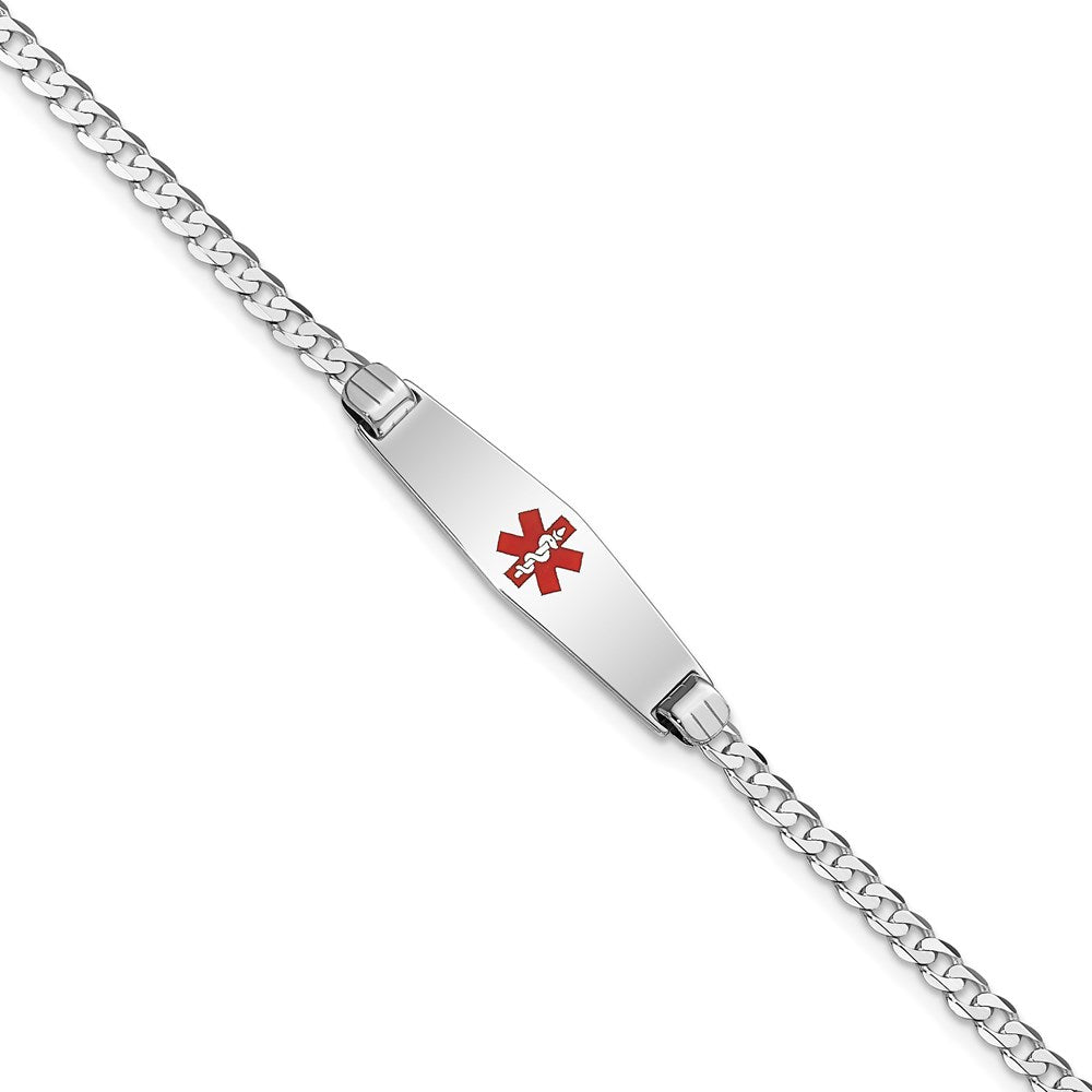 14K White Gold Medical Solid Chain/Solid Plate 24x Soft Diamond Shape Centered Red Enamel Flat Curb Link ID Bracelet