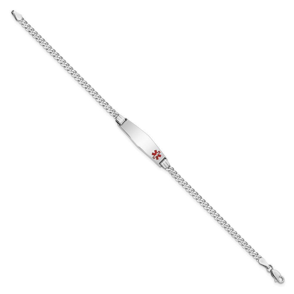 14K White Gold Medical Solid Chain/Solid Plate 26x Soft Diamond Shape Off-Center Red Enamel Flat Curb Link ID Bracelet