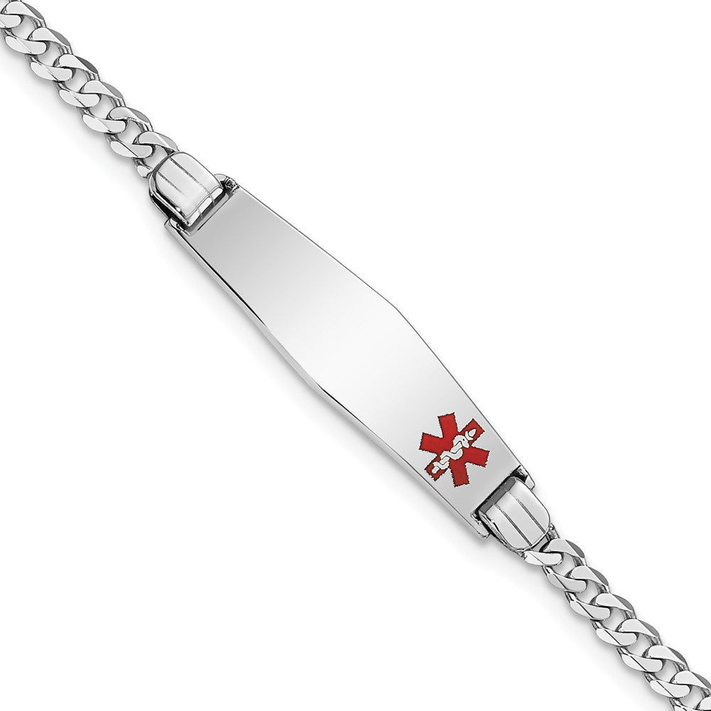 14K White Gold Medical Solid Chain/Solid Plate 26x Soft Diamond Shape Off-Center Red Enamel Flat Curb Link ID Bracelet