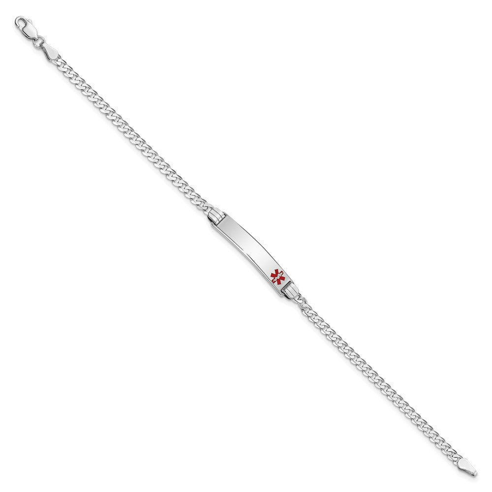 14K White Gold Medical Solid Chain/Solid Plate 26x Off-Center Red Enamel Flat Curb Link ID Bracelet