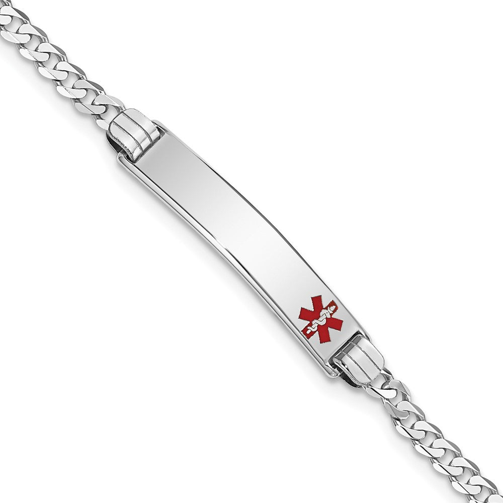 14K White Gold Medical Solid Chain/Solid Plate 26x Off-Center Red Enamel Flat Curb Link ID Bracelet