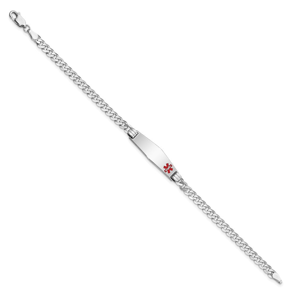 14K White Gold Medical Solid Chain/Solid Plate 26x Soft Diamond Shape Off-Center Red Enamel Flat Curb Link ID Bracelet