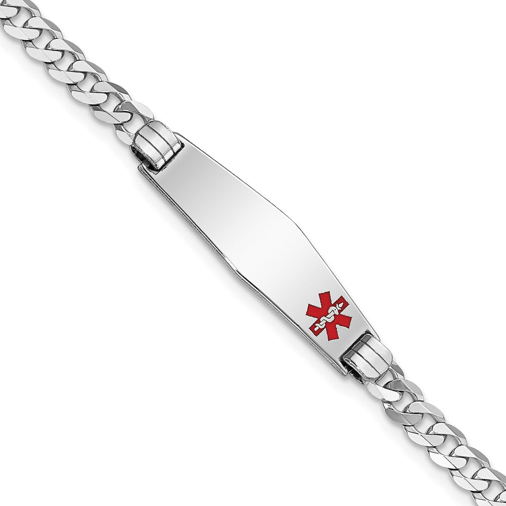 14K White Gold Medical Solid Chain/Solid Plate 26x Soft Diamond Shape Off-Center Red Enamel Flat Curb Link ID Bracelet