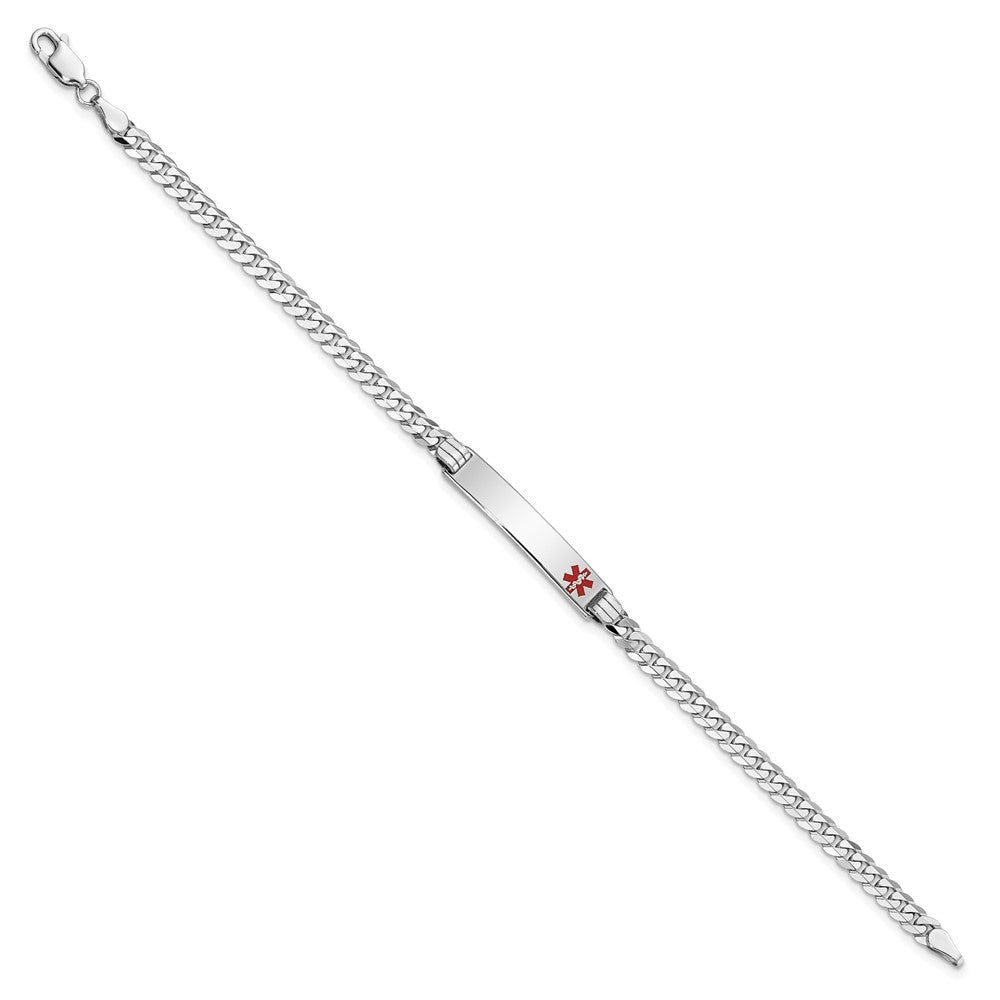 14K White Gold Medical Solid Chain/Solid Plate 26x Off-Center Red Enamel Flat Curb Link ID Bracelet