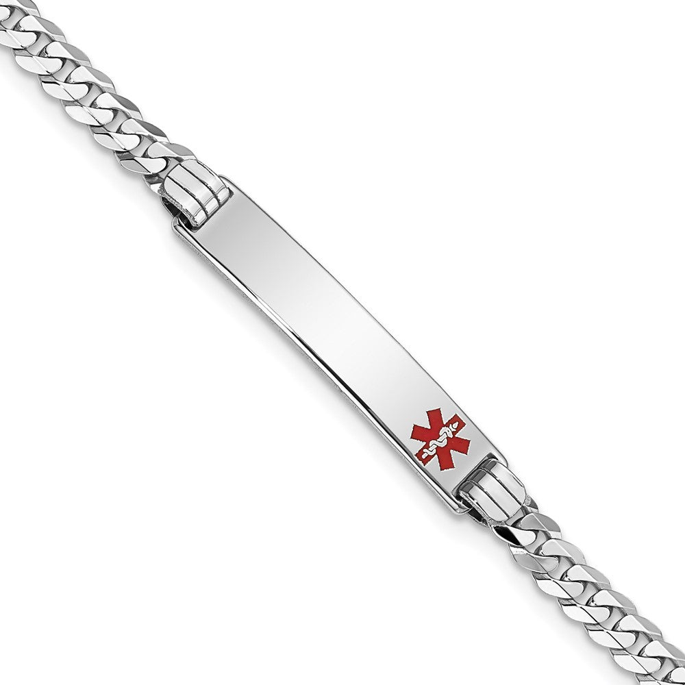 14K White Gold Medical Solid Chain/Solid Plate 26x Off-Center Red Enamel Flat Curb Link ID Bracelet