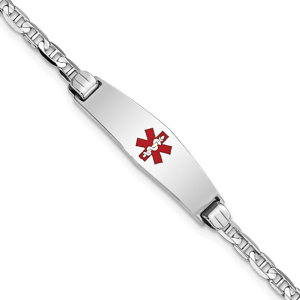 14K White Gold Medical Solid Chain/Solid Plate 24x Soft Diamond Shape Centered Red Enamel Anchor Link ID Bracelet