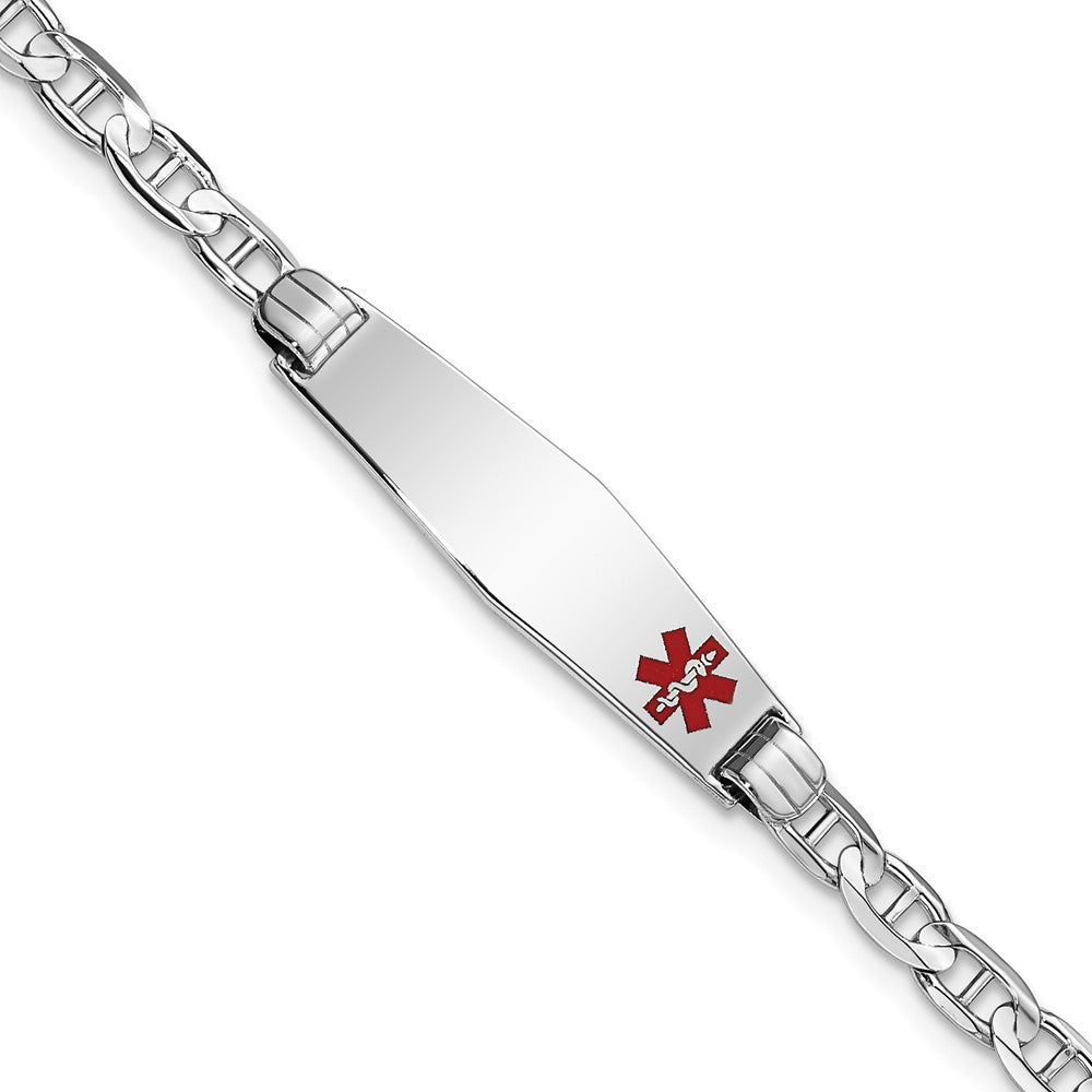 14K White Gold Medical Solid Chain/Solid Plate 26x Soft Diamond Shape Off-Center Red Enamel Anchor Link ID Bracelet