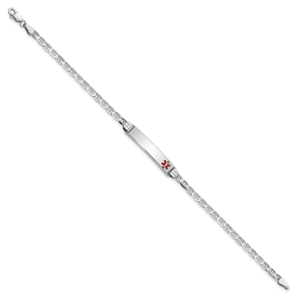 14K White Gold Medical Solid Chain/Solid Plate 26x Off-Center Red Enamel Anchor Link ID Bracelet