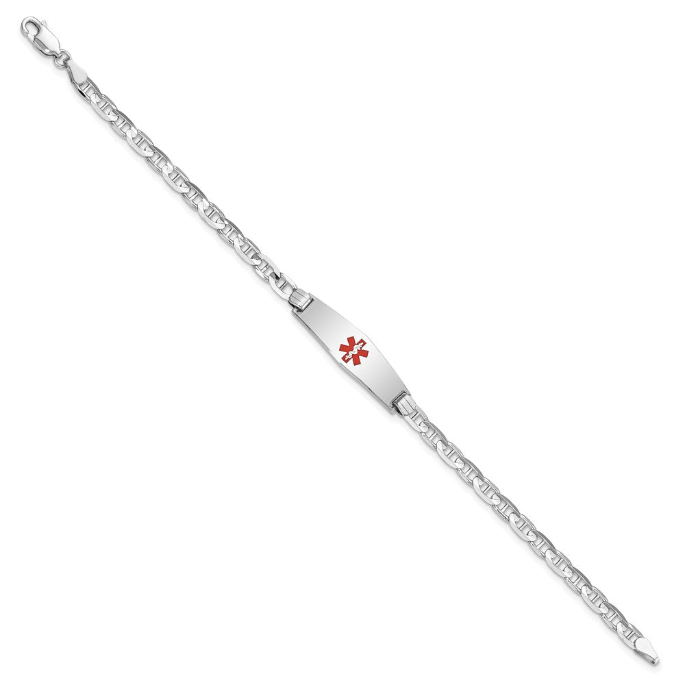 14K White Gold Medical Solid Chain/Solid Plate 24x Soft Diamond Shape Centered Red Enamel Anchor Link ID Bracelet