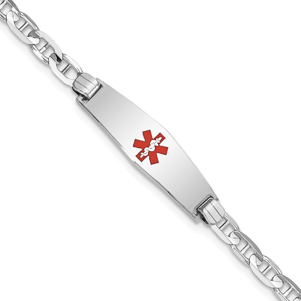 14K White Gold Medical Solid Chain/Solid Plate 24x Soft Diamond Shape Centered Red Enamel Anchor Link ID Bracelet