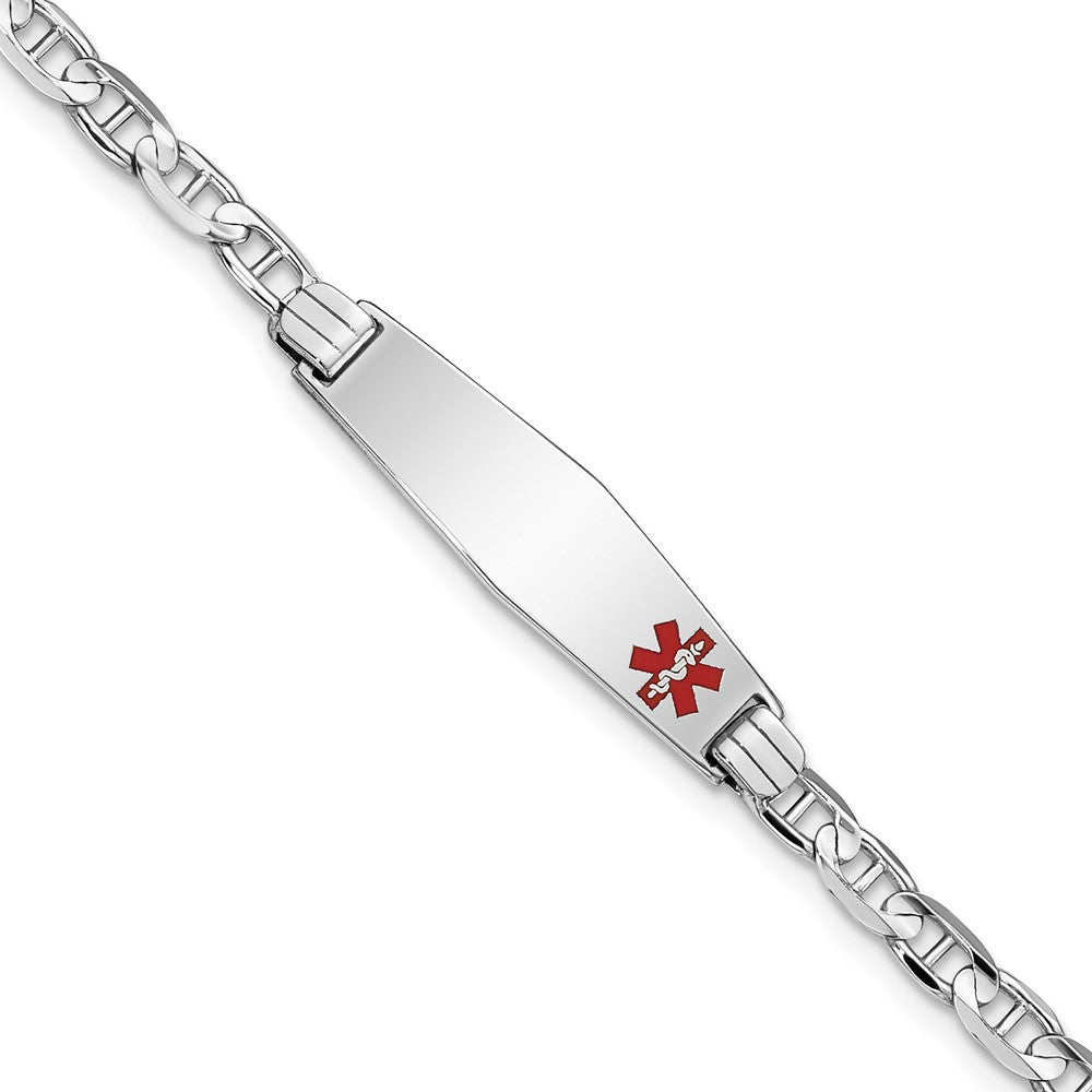 14K White Gold Medical Solid Chain/Solid Plate 26x Soft Diamond Shape Off-Center Red Enamel Anchor Link ID Bracelet