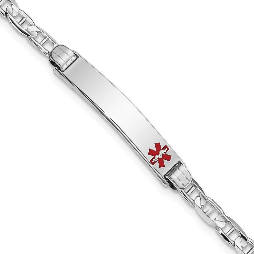 14K White Gold Medical Solid Chain/Solid Plate 26x Off-Center Red Enamel Anchor Link ID Bracelet