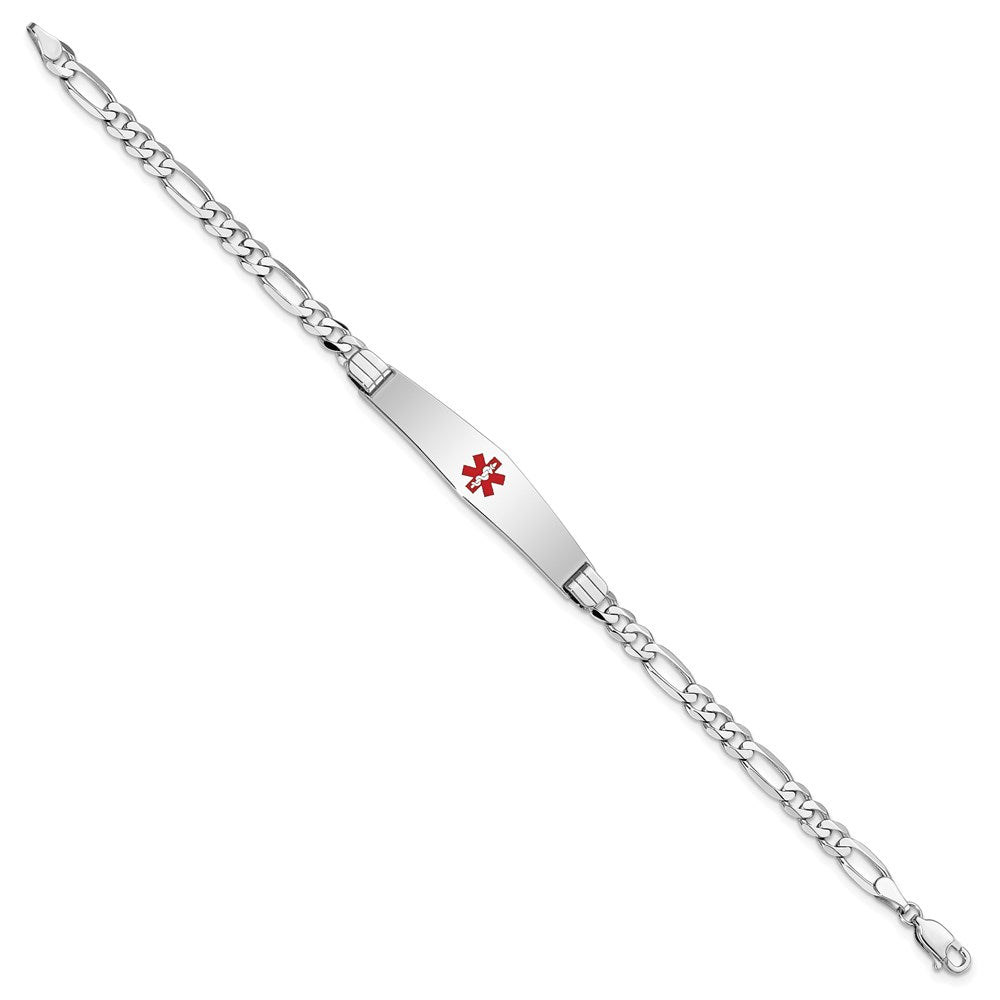14K White Gold Medical Solid Chain/Solid Plate Soft Diamond Shape 36x Centered Red Enamel Figaro Link ID Bracelet