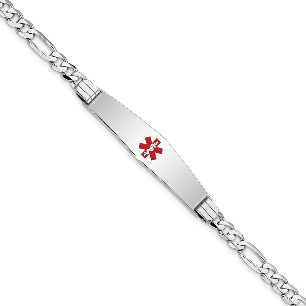 14K White Gold Medical Solid Chain/Solid Plate Soft Diamond Shape 36x Centered Red Enamel Figaro Link ID Bracelet