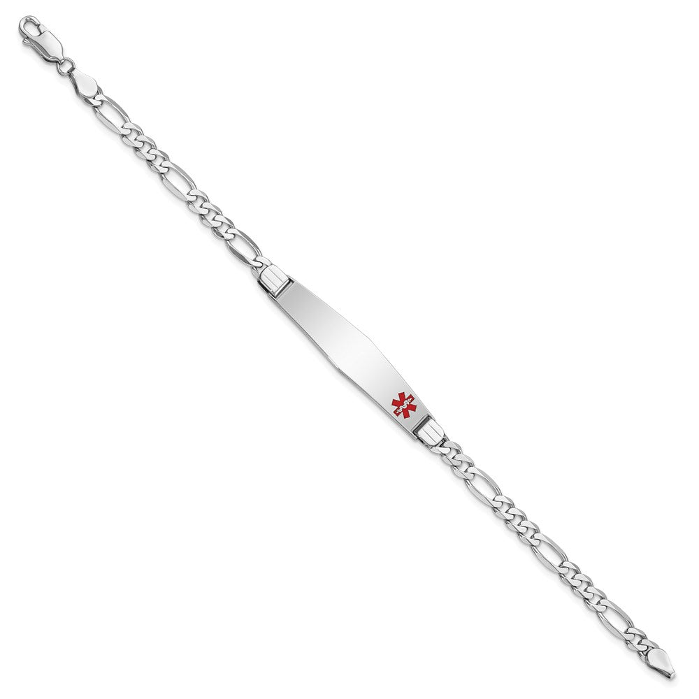 14K White Gold Medical Solid Chain/Solid Plate Soft Diamond Shape 37x Off-Center Red Enamel Figaro Link ID Bracelet