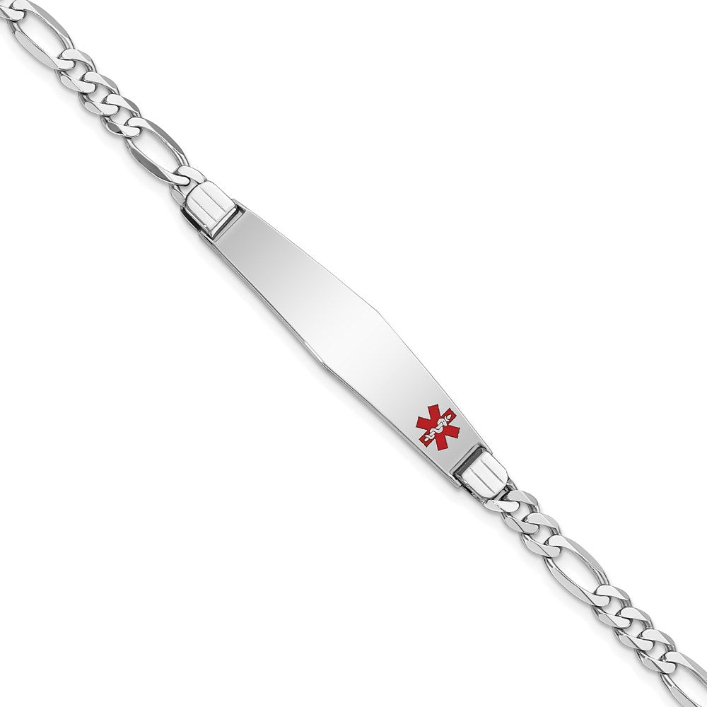 14K White Gold Medical Solid Chain/Solid Plate Soft Diamond Shape 37x Off-Center Red Enamel Figaro Link ID Bracelet