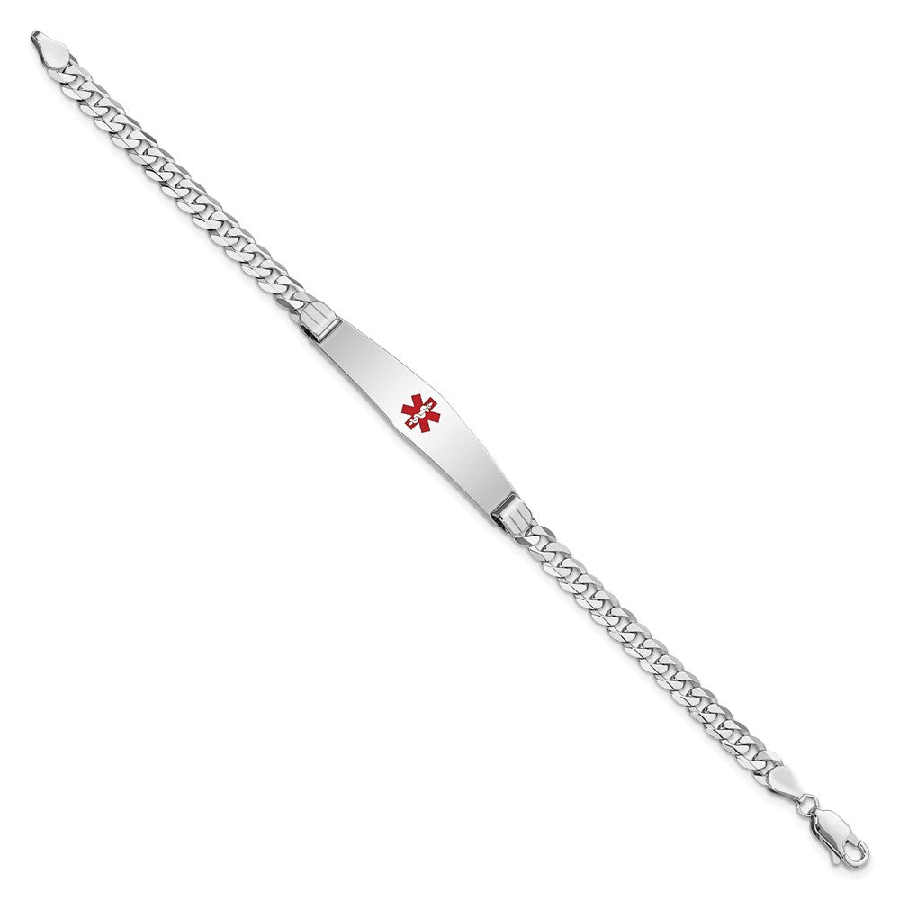 14K White Gold Medical Solid Chain/Solid Plate Soft Diamond Shape 36x Centered Red Enamel Flat Curb Link ID Bracelet