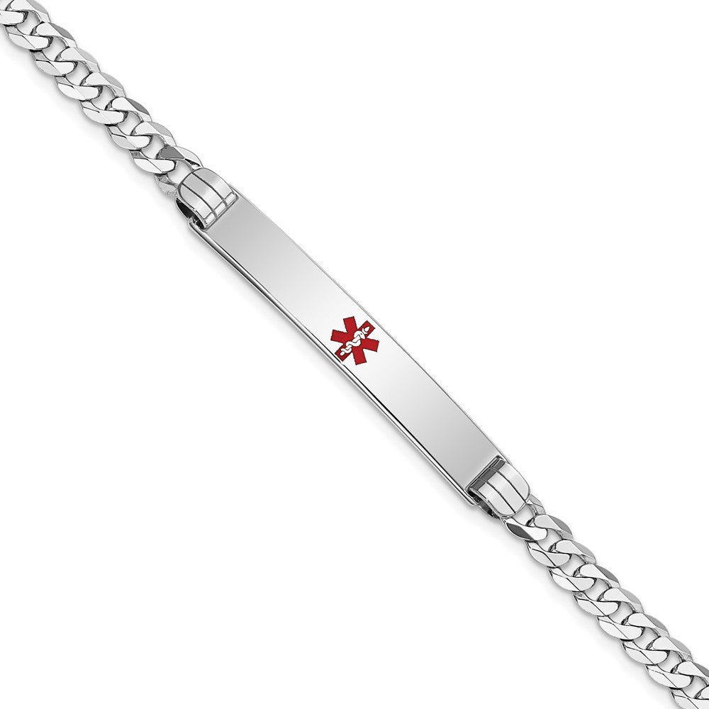 14K White Gold Medical Solid Chain/Solid Plate 37x Centered Red Enamel Flat Curb Link ID Bracelet